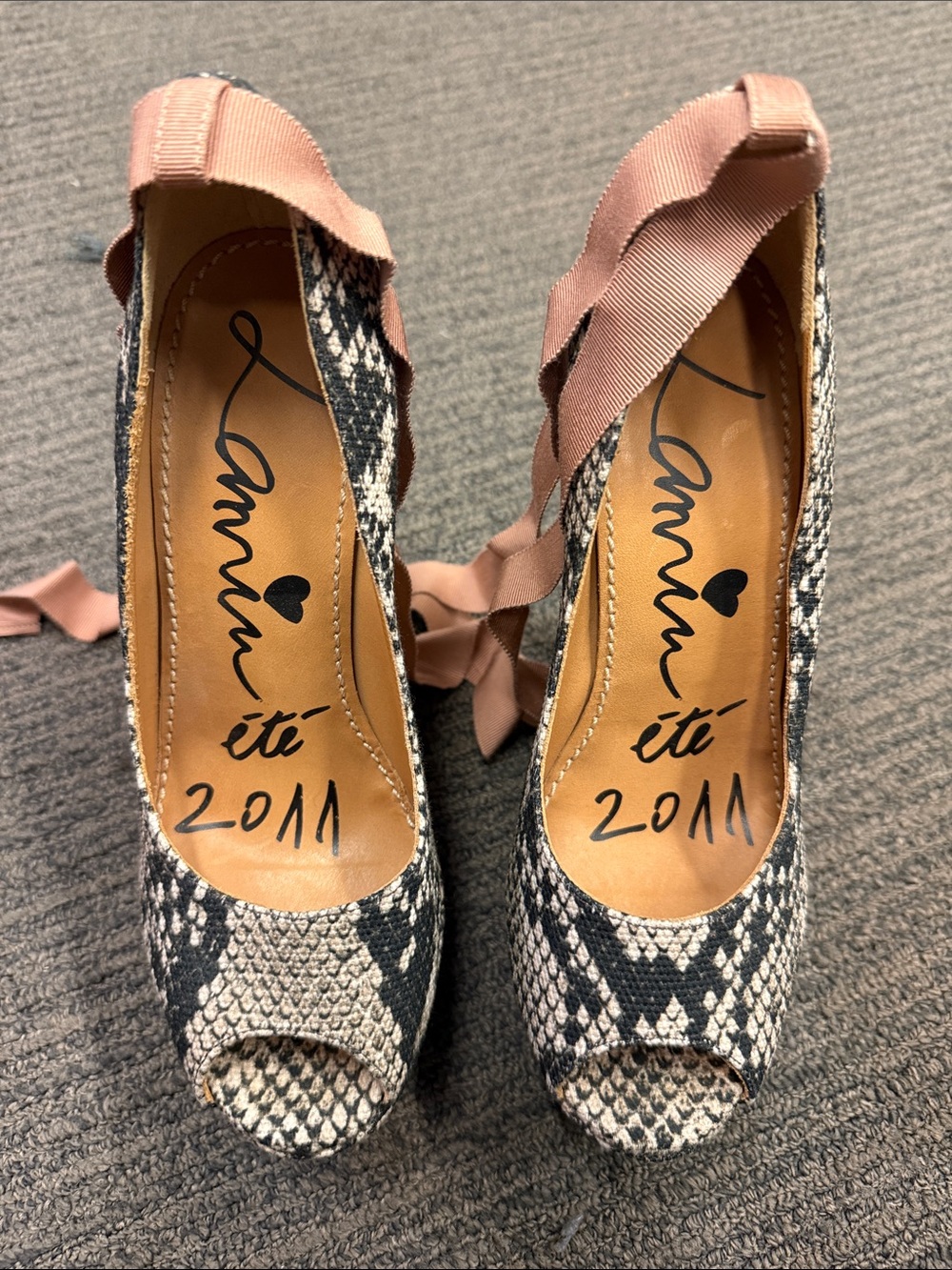 Lanvin snake-print peep-toe wedges with pink ribbon ankle ties